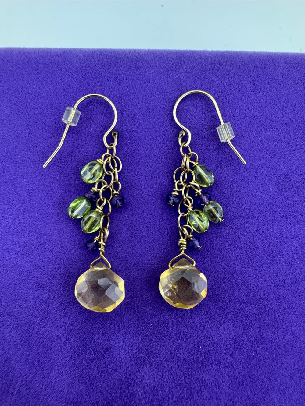 💛Classic 14k Gold Filled Green Purple & Yellow Dangle Earrings| Faceted Crystals
